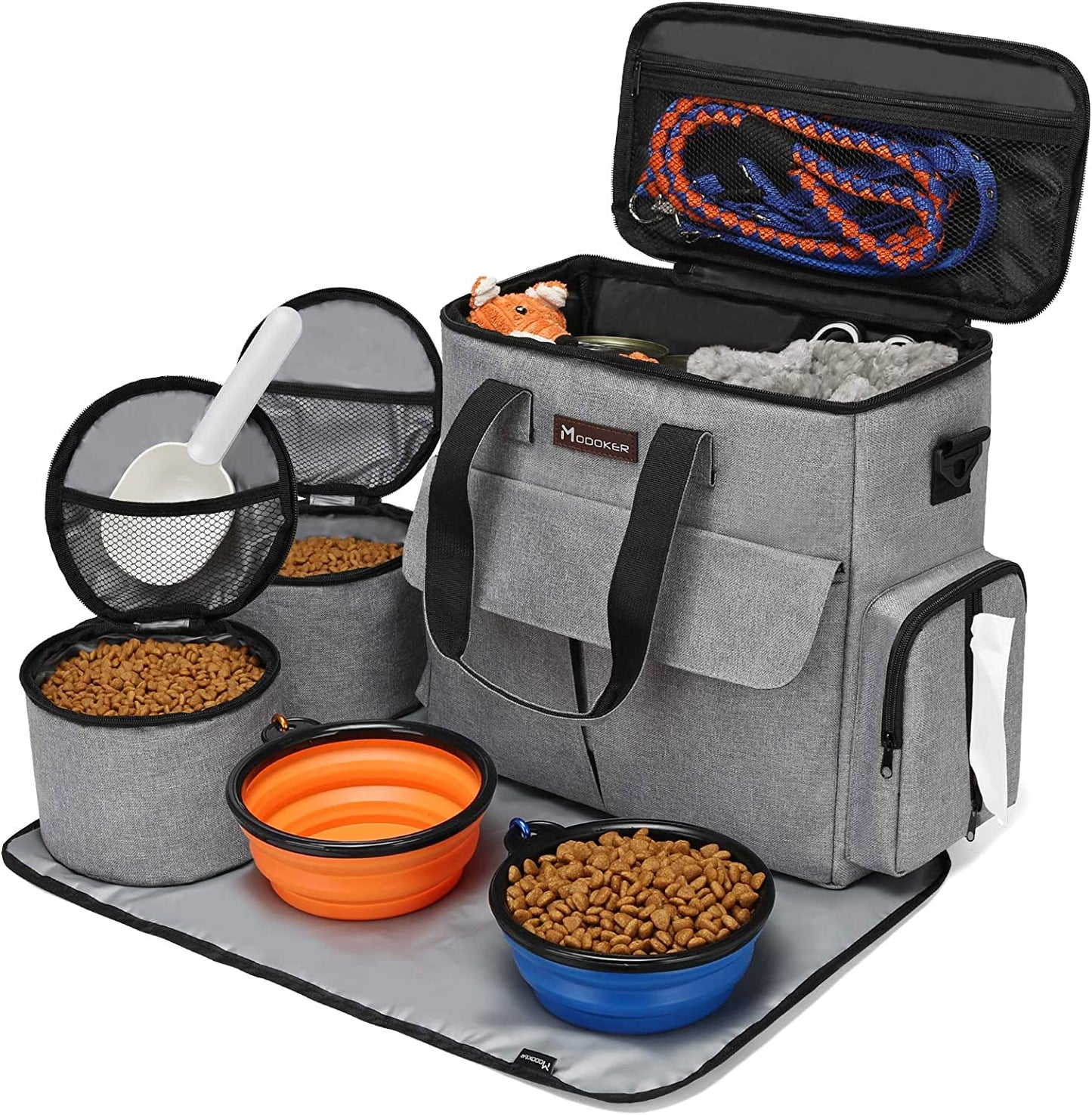 Professional Pet Travel Bag: Airline-Approved Weekend Set for Dogs and Cats with Multi-Functional Pockets, Two Food Storage Containers, Two Collapsible Bowls, and One Feeding Mat (Grey)