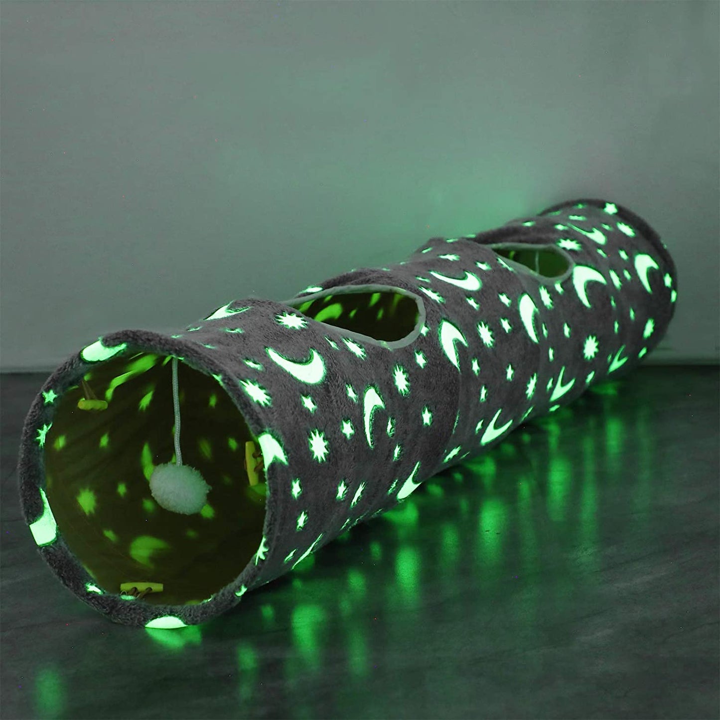 Collapsible Cat Tunnel Tube with Plush Ball Toys and Photoluminescent Features for Small Pets - Ideal for Kittens, Rabbits, Ferrets, and Puppies in Grey Moon and Star Design