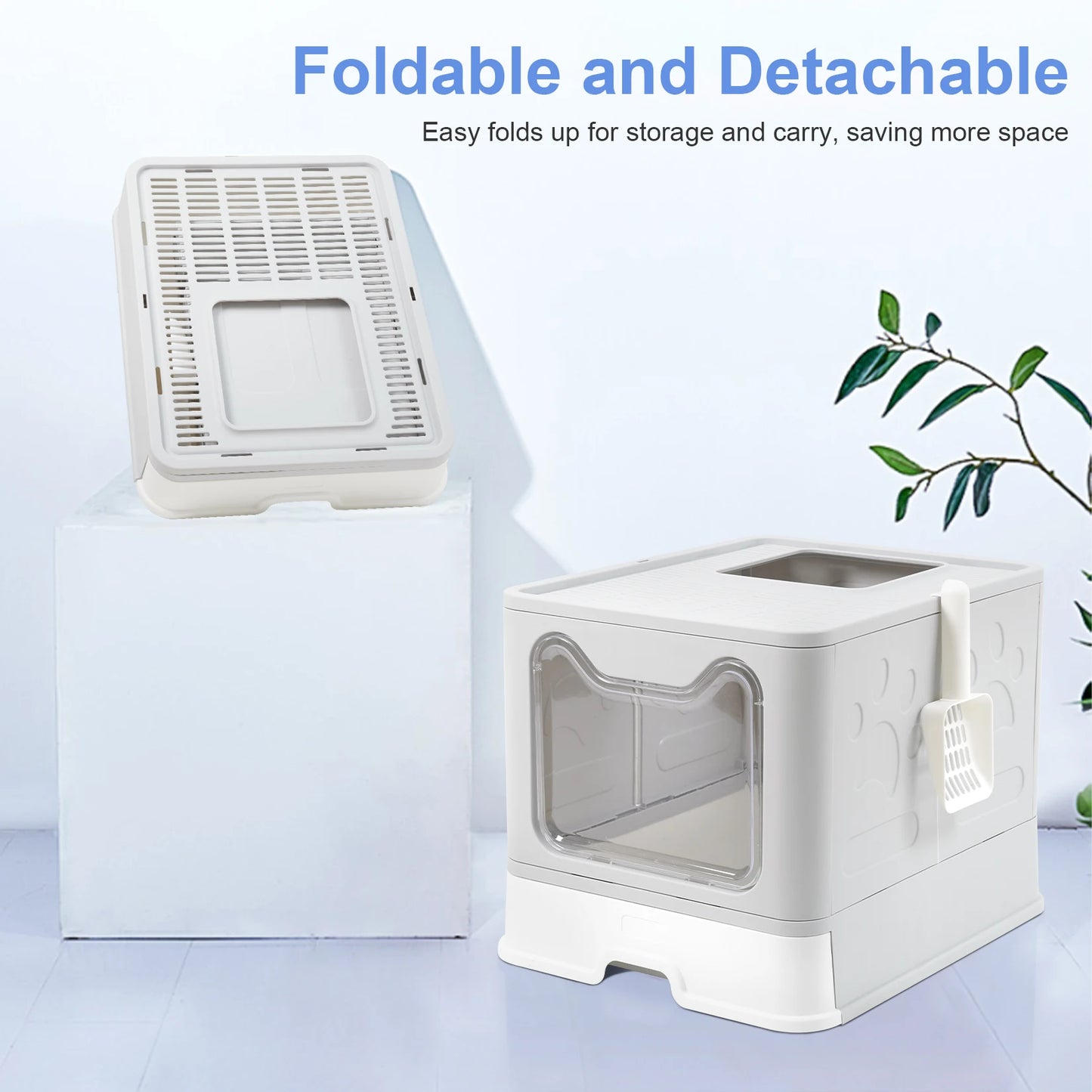 Large Foldable Cat Litter Box with Front Entry and Top Exit Tray