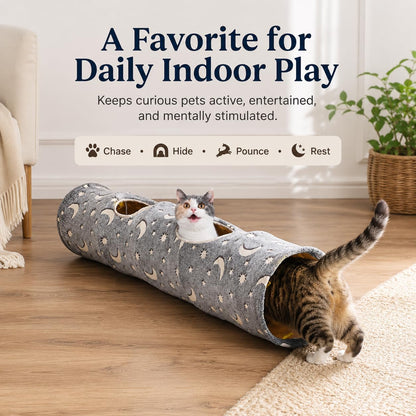 Collapsible Cat Tunnel Tube with Plush Ball Toys and Photoluminescent Features for Small Pets - Ideal for Kittens, Rabbits, Ferrets, and Puppies in Grey Moon and Star Design