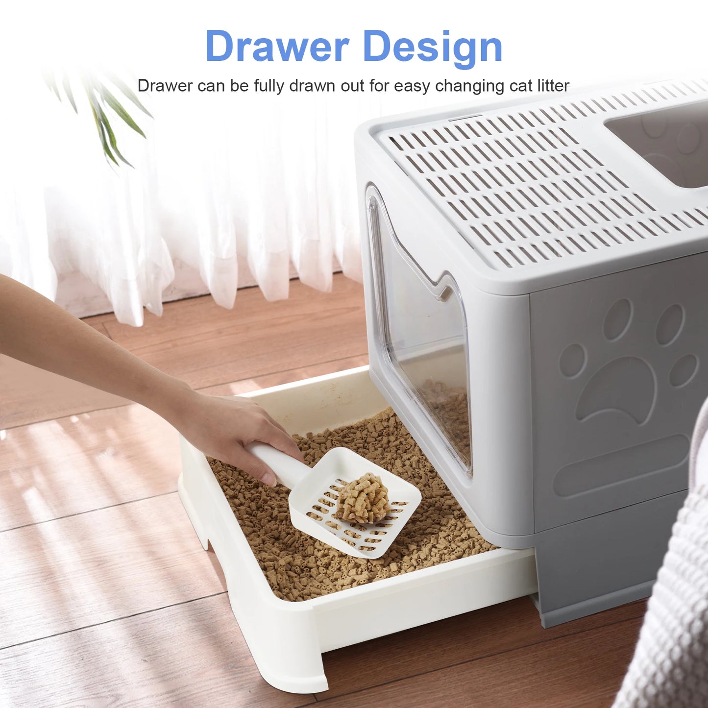 Large Foldable Cat Litter Box with Front Entry and Top Exit Tray