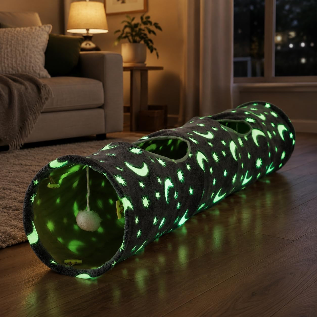 Collapsible Cat Tunnel Tube with Plush Ball Toys and Photoluminescent Features for Small Pets - Ideal for Kittens, Rabbits, Ferrets, and Puppies in Grey Moon and Star Design