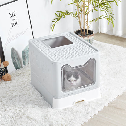 Large Foldable Cat Litter Box with Front Entry and Top Exit Tray