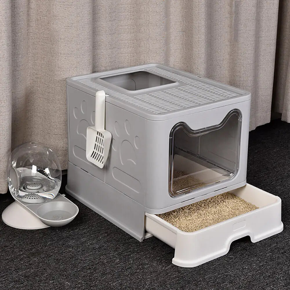 Large Foldable Cat Litter Box with Front Entry and Top Exit Tray