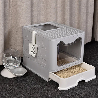 Large Foldable Cat Litter Box with Front Entry and Top Exit Tray