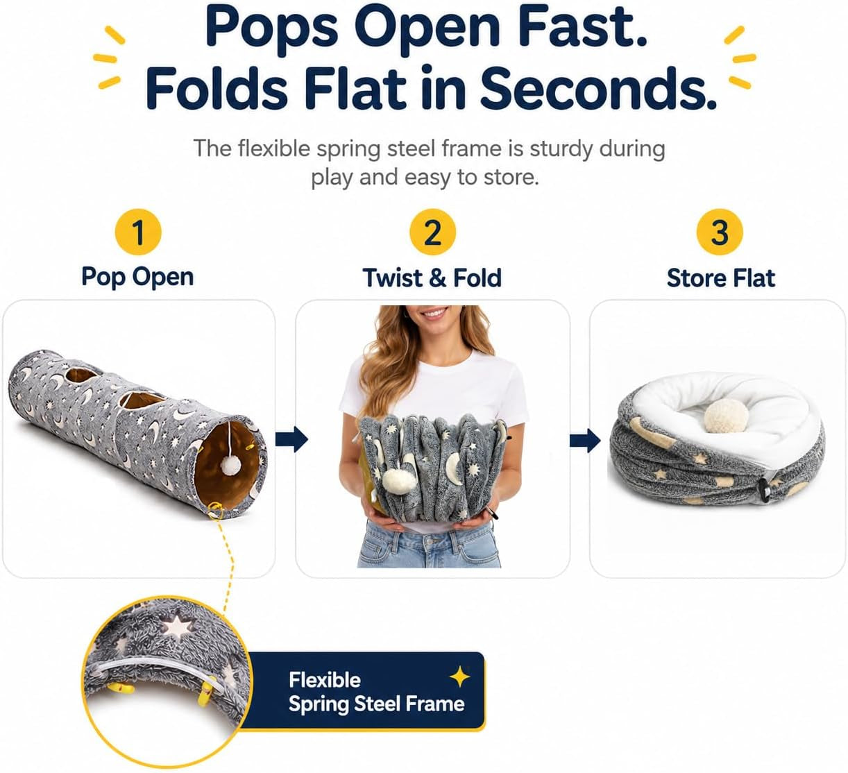 Collapsible Cat Tunnel Tube with Plush Ball Toys and Photoluminescent Features for Small Pets - Ideal for Kittens, Rabbits, Ferrets, and Puppies in Grey Moon and Star Design
