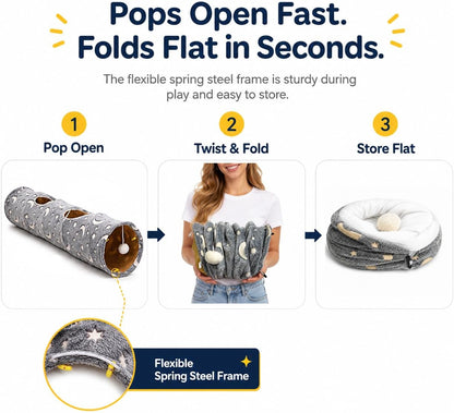 Collapsible Cat Tunnel Tube with Plush Ball Toys and Photoluminescent Features for Small Pets - Ideal for Kittens, Rabbits, Ferrets, and Puppies in Grey Moon and Star Design