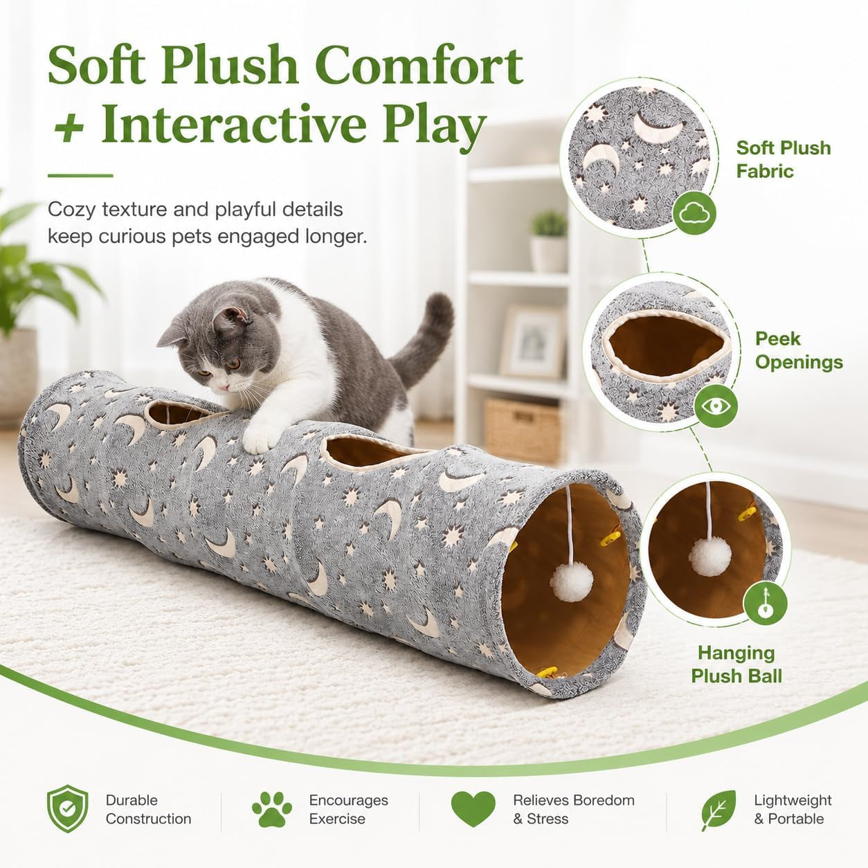 Collapsible Cat Tunnel Tube with Plush Ball Toys and Photoluminescent Features for Small Pets - Ideal for Kittens, Rabbits, Ferrets, and Puppies in Grey Moon and Star Design