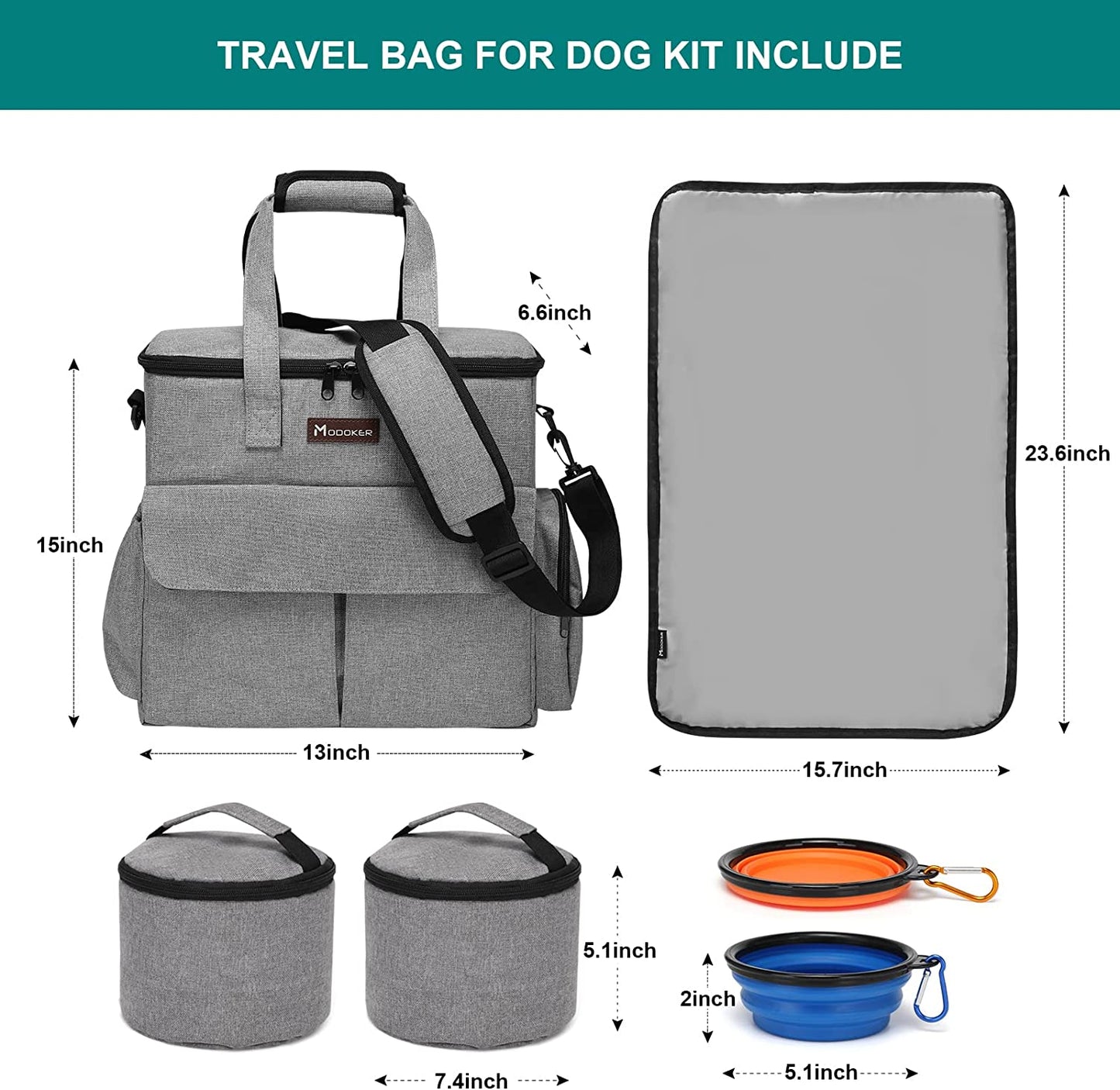 Professional Pet Travel Bag: Airline-Approved Weekend Set for Dogs and Cats with Multi-Functional Pockets, Two Food Storage Containers, Two Collapsible Bowls, and One Feeding Mat (Grey)