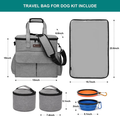 Professional Pet Travel Bag: Airline-Approved Weekend Set for Dogs and Cats with Multi-Functional Pockets, Two Food Storage Containers, Two Collapsible Bowls, and One Feeding Mat (Grey)