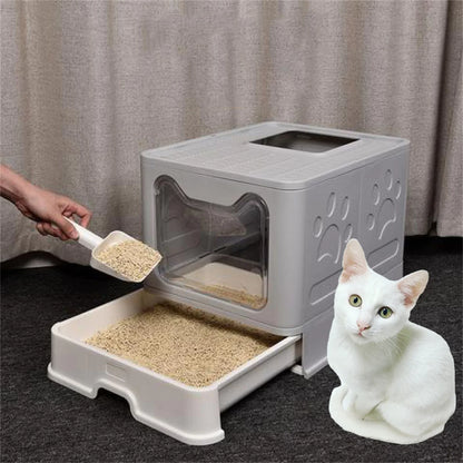 Large Foldable Cat Litter Box with Front Entry and Top Exit Tray