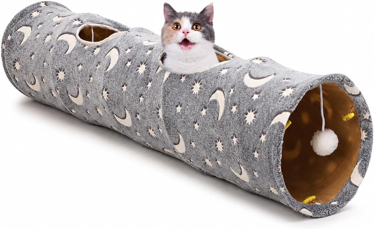 Collapsible Cat Tunnel Tube with Plush Ball Toys and Photoluminescent Features for Small Pets - Ideal for Kittens, Rabbits, Ferrets, and Puppies in Grey Moon and Star Design