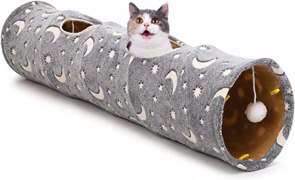 Collapsible Cat Tunnel Tube with Plush Ball Toys and Photoluminescent Features for Small Pets - Ideal for Kittens, Rabbits, Ferrets, and Puppies in Grey Moon and Star Design