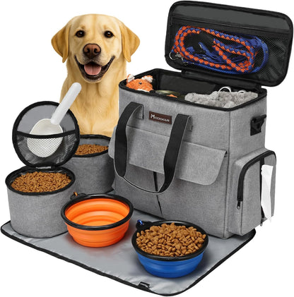 Professional Pet Travel Bag: Airline-Approved Weekend Set for Dogs and Cats with Multi-Functional Pockets, Two Food Storage Containers, Two Collapsible Bowls, and One Feeding Mat (Grey)