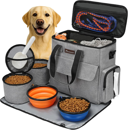 Professional Pet Travel Bag: Airline-Approved Weekend Set for Dogs and Cats with Multi-Functional Pockets, Two Food Storage Containers, Two Collapsible Bowls, and One Feeding Mat (Grey)