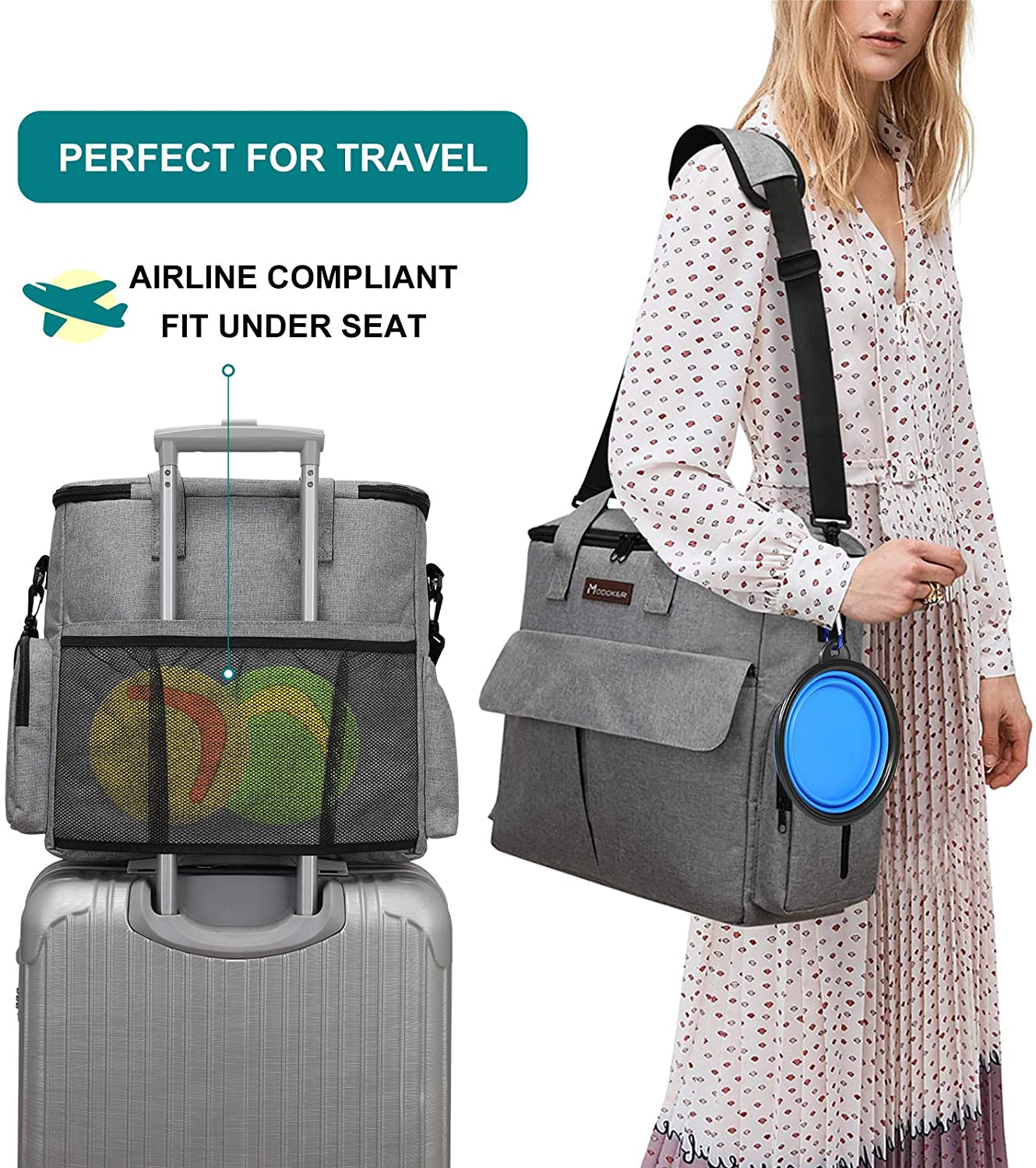Professional Pet Travel Bag: Airline-Approved Weekend Set for Dogs and Cats with Multi-Functional Pockets, Two Food Storage Containers, Two Collapsible Bowls, and One Feeding Mat (Grey)