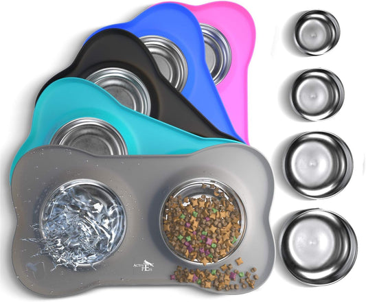 Stainless Steel Dog Bowl Set with No-Spill Design and Skid-Resistant Silicone Mat - Suitable for Small, Medium, and Large Dogs