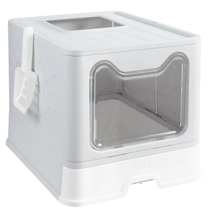 Large Foldable Cat Litter Box with Front Entry and Top Exit Tray