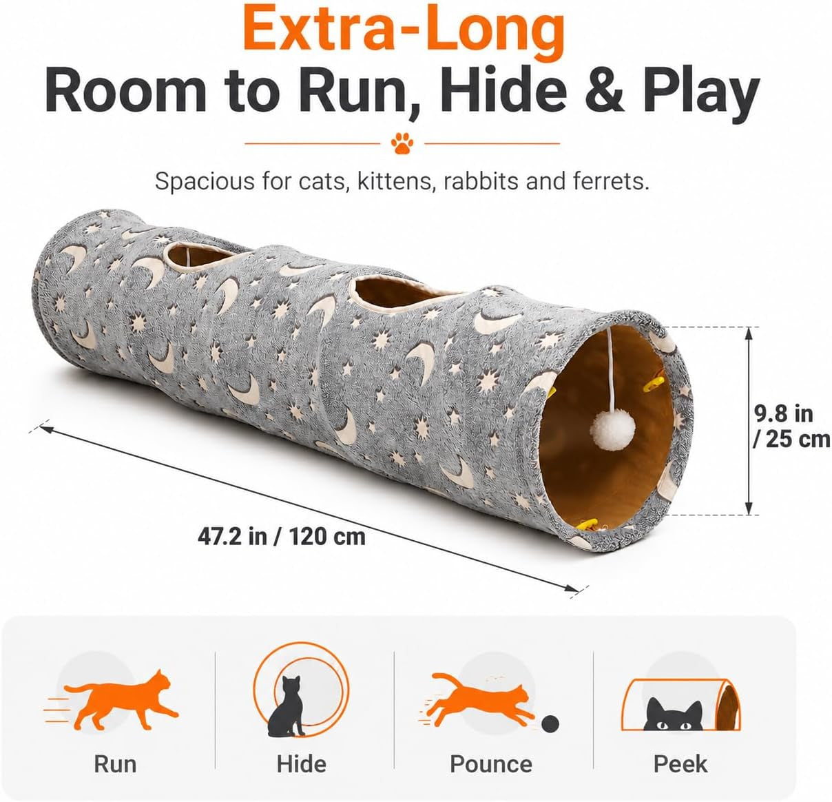 Collapsible Cat Tunnel Tube with Plush Ball Toys and Photoluminescent Features for Small Pets - Ideal for Kittens, Rabbits, Ferrets, and Puppies in Grey Moon and Star Design