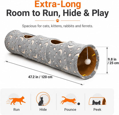 Collapsible Cat Tunnel Tube with Plush Ball Toys and Photoluminescent Features for Small Pets - Ideal for Kittens, Rabbits, Ferrets, and Puppies in Grey Moon and Star Design