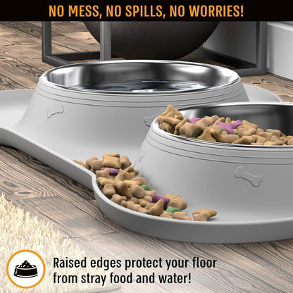 Stainless Steel Dog Bowl Set with No-Spill Design and Skid-Resistant Silicone Mat - Suitable for Small, Medium, and Large Dogs